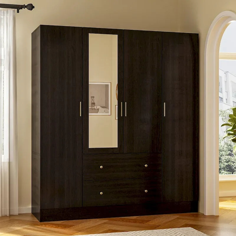 Armoire de rangement en bois avec miroir, casiers et tringle à vêtements