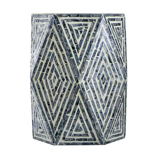 Tabouret d'appoint 18 pouces, design hexagonal, motif losanges, bleu, blanc