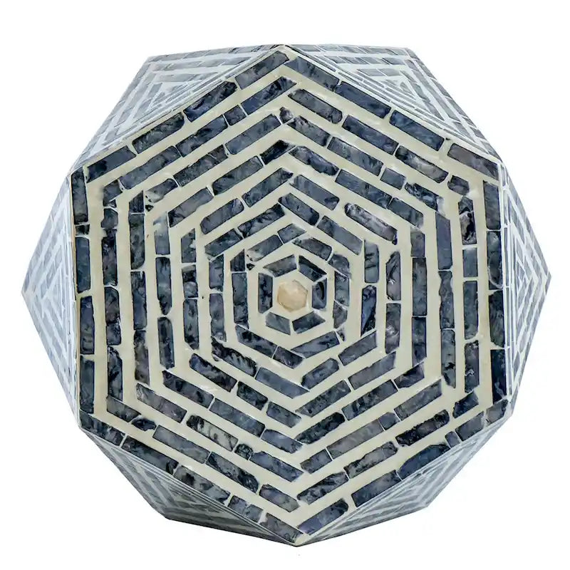 Tabouret d'appoint 18 pouces, design hexagonal, motif losanges, bleu, blanc