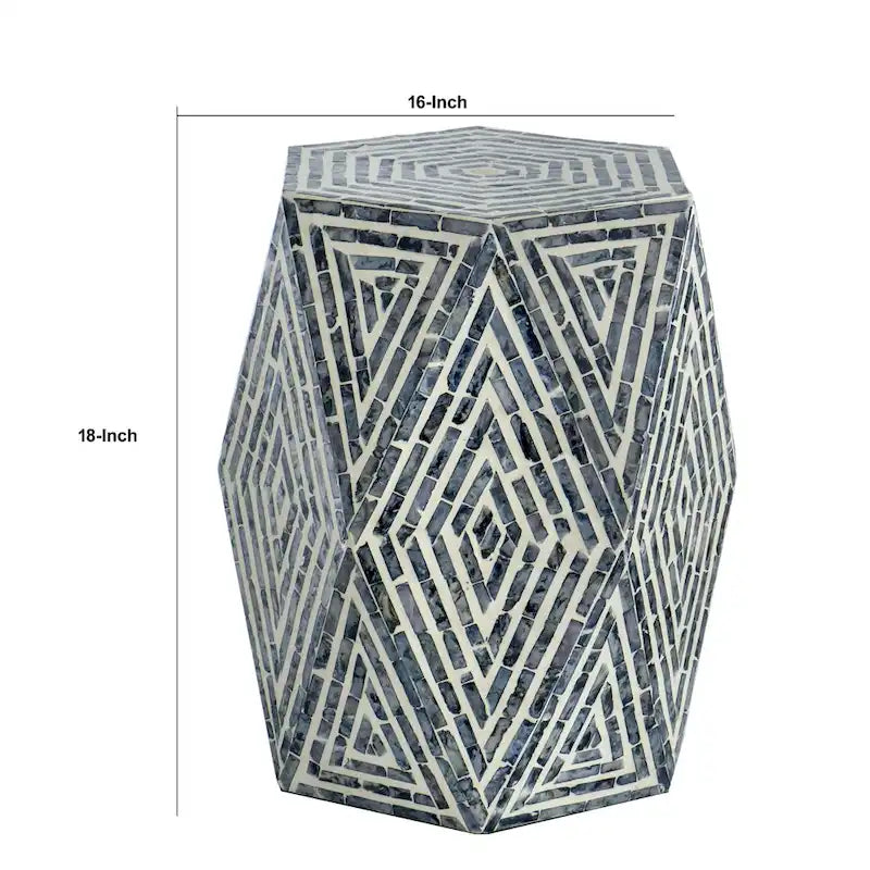 Tabouret d'appoint 18 pouces, design hexagonal, motif losanges, bleu, blanc