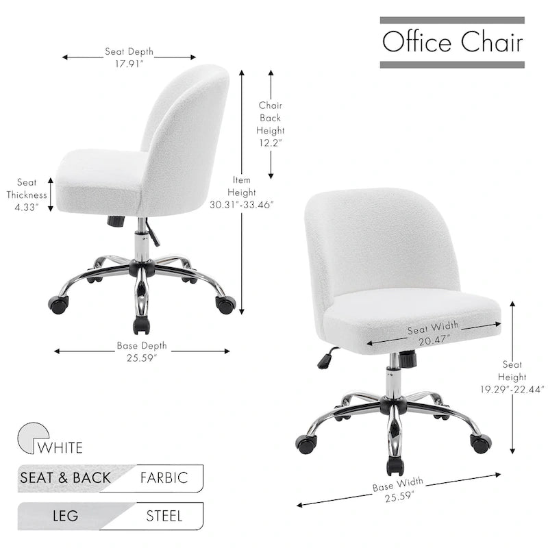 Chaise de bureau sans accoudoirs en tissu Sherpa avec roulettes en acier