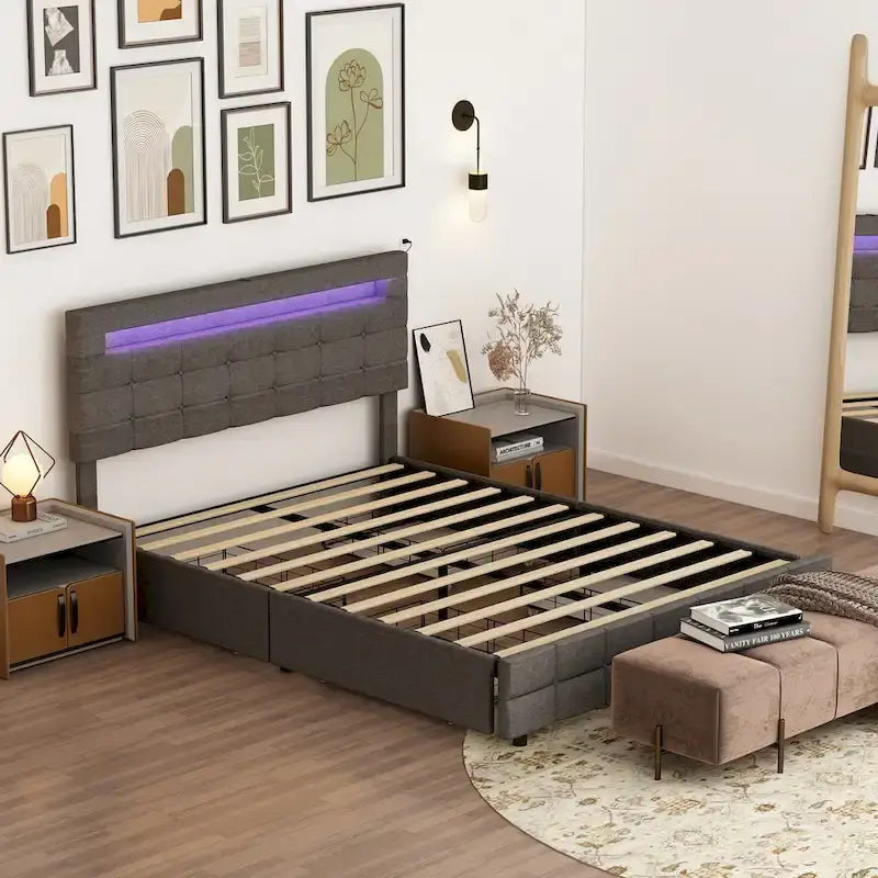 Cadre de lit Queen avec tiroirs, cadre de lit LED avec station de chargement USB