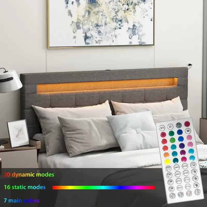 Cadre de lit Queen avec tiroirs, cadre de lit LED avec station de chargement USB