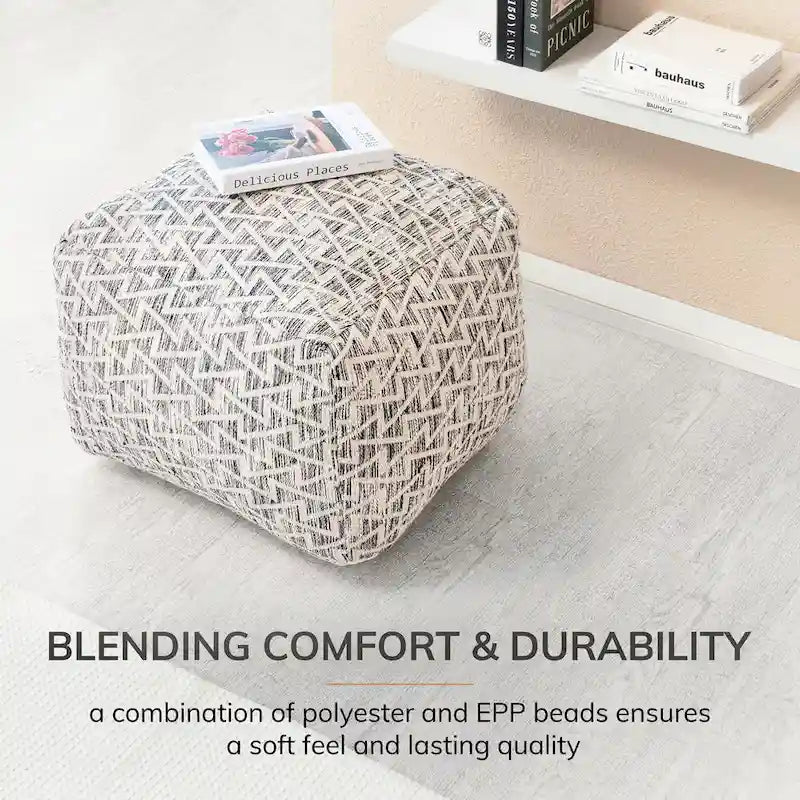 Pouf carré noir 22 pouces - Repose-pieds fait main pour salon, chambre, patio