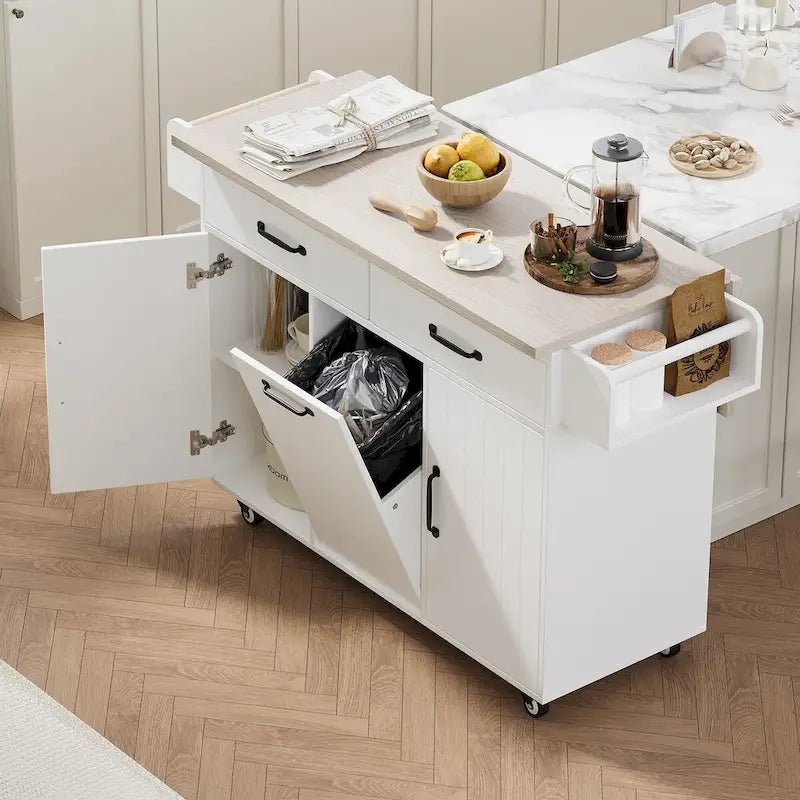 Kitchen island cart with trash bin storage cabinet, on wheels, with drop-leaf panel