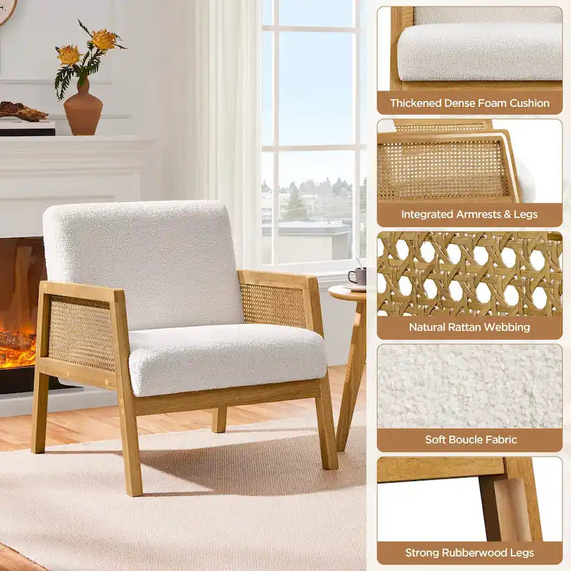 Fauteuil d'appoint rembourré avec accoudoirs en rotin