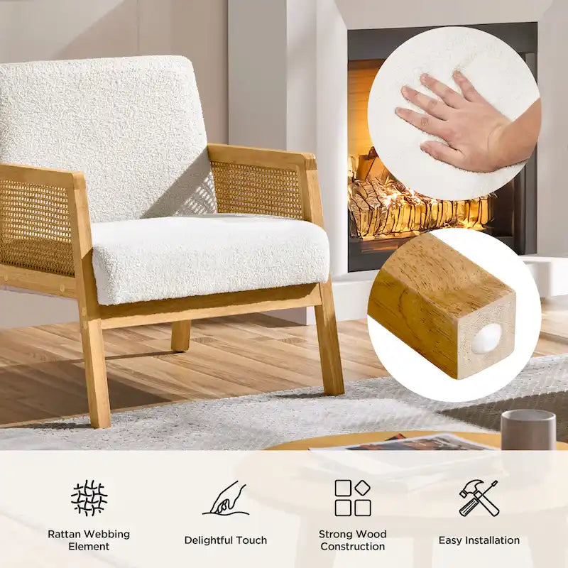 Fauteuil d'appoint rembourré avec accoudoirs en rotin