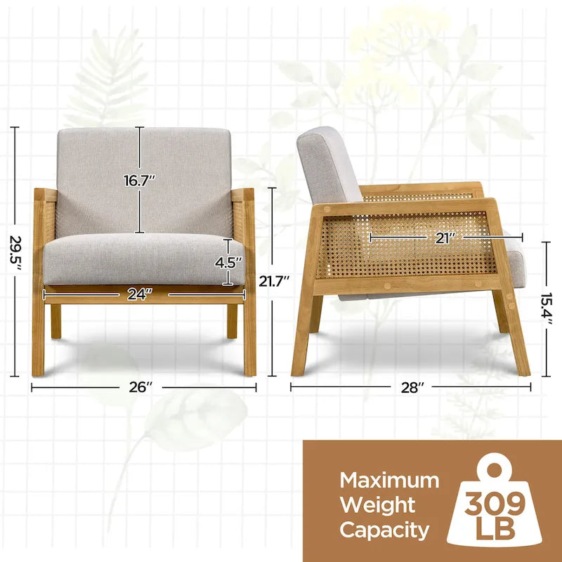 Fauteuil d'appoint rembourré avec accoudoirs en rotin