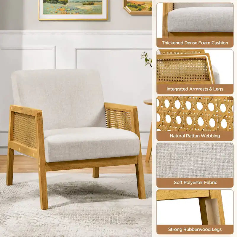 Fauteuil d'appoint rembourré avec accoudoirs en rotin