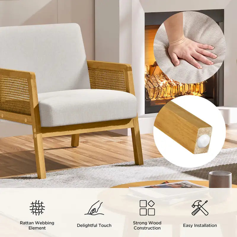 Fauteuil d'appoint rembourré avec accoudoirs en rotin