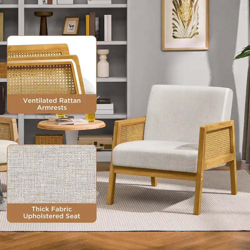 Fauteuil d'appoint rembourré avec accoudoirs en rotin