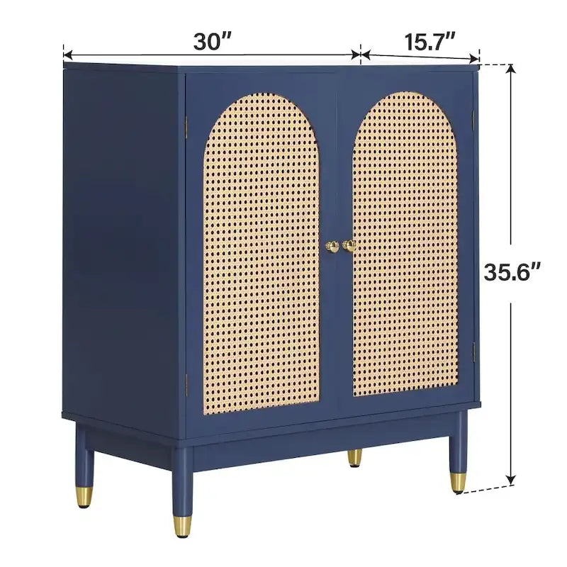 Meuble de rangement bleu avec portes en rotin et étagères réglables