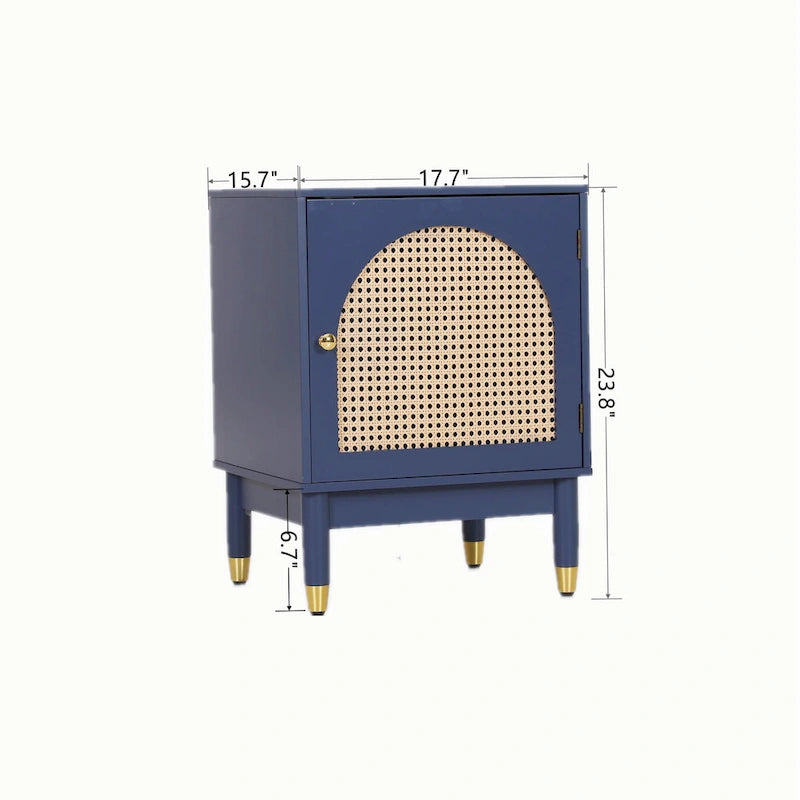 Meuble de rangement bleu avec portes en rotin et étagères réglables
