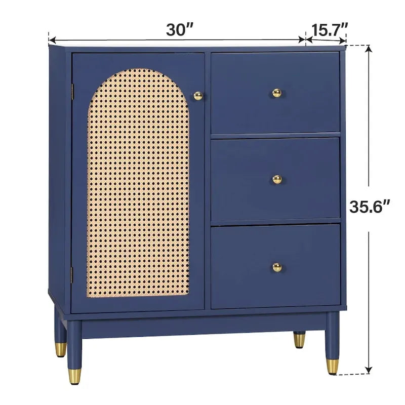 Meuble de rangement bleu avec portes en rotin et étagères réglables