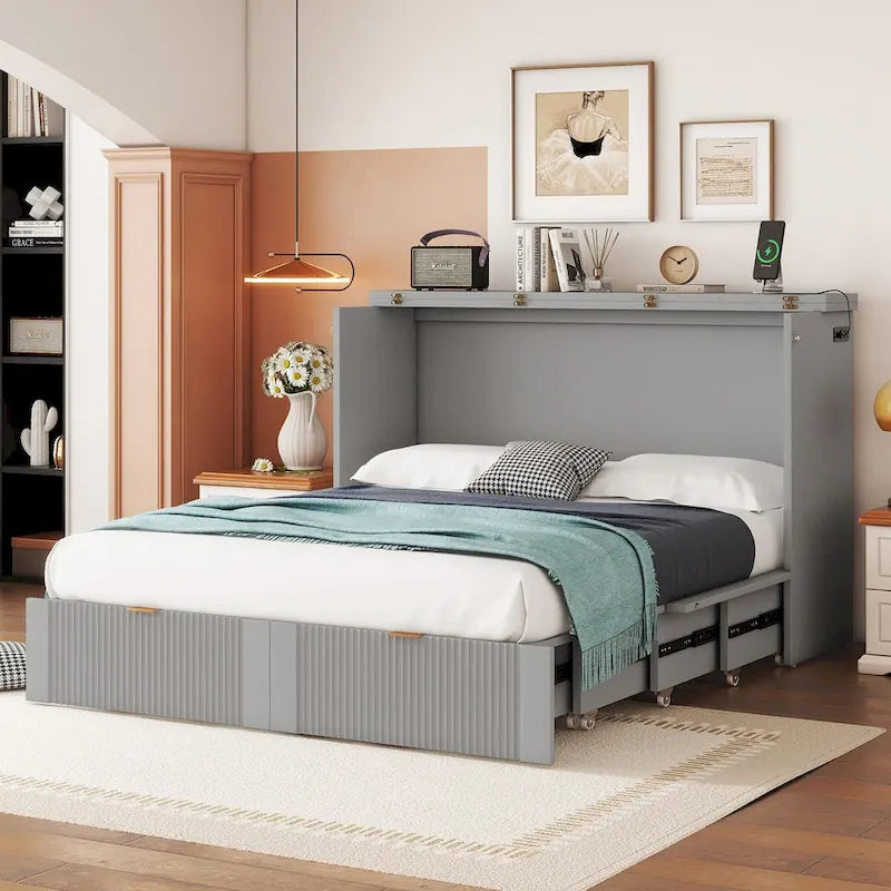 Nestfair Full Size Murphy Bed Wall Bed with drawer and a set of Sockets & USB Ports
