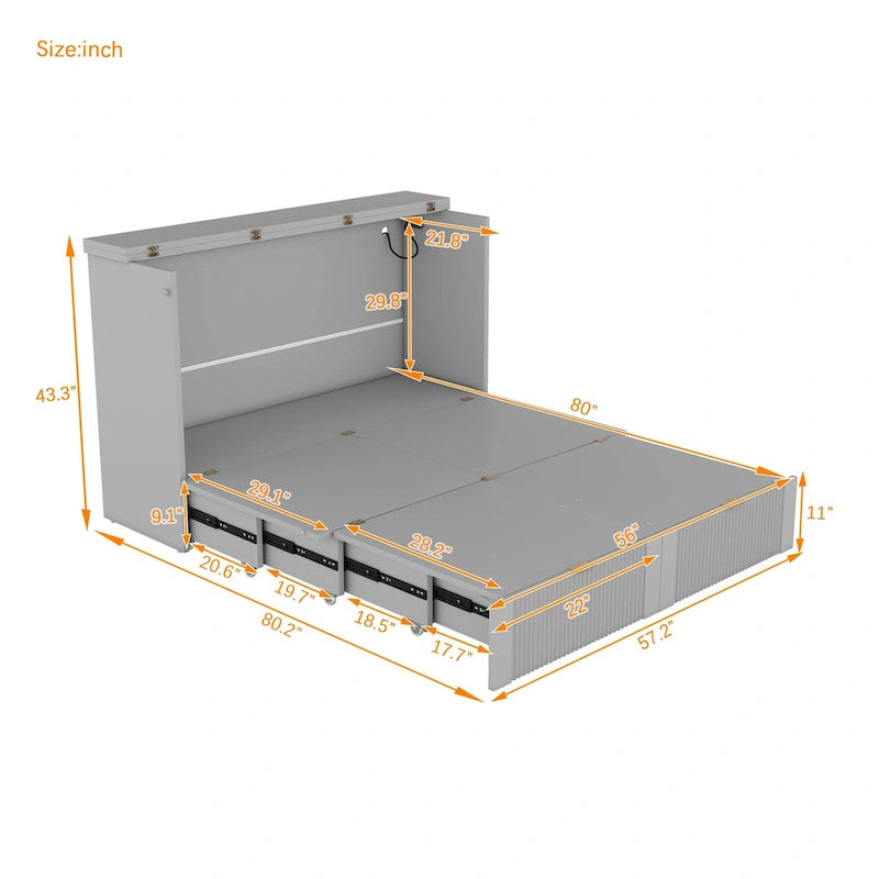 Lit escamotable grand format avec tiroir, prises et ports USB