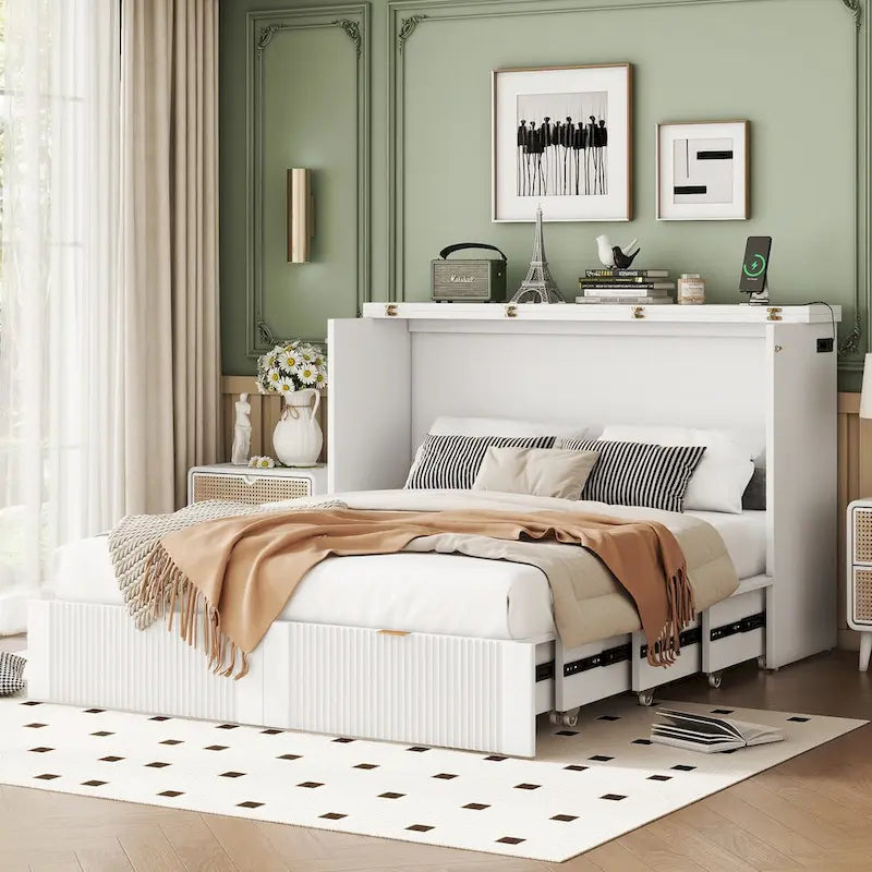 Lit escamotable grand format avec tiroir, prises et ports USB