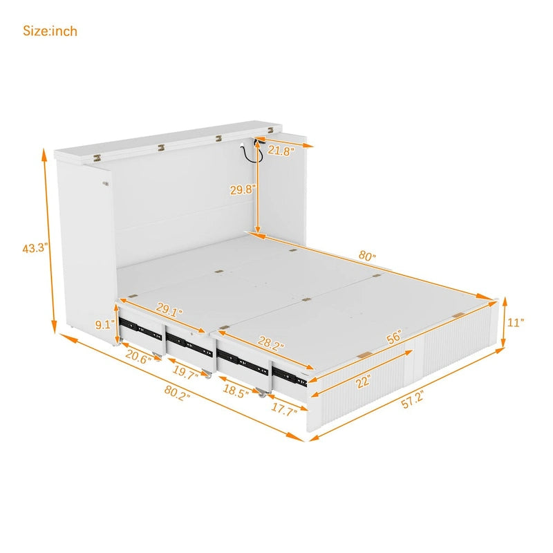 Lit escamotable grand format avec tiroir, prises et ports USB